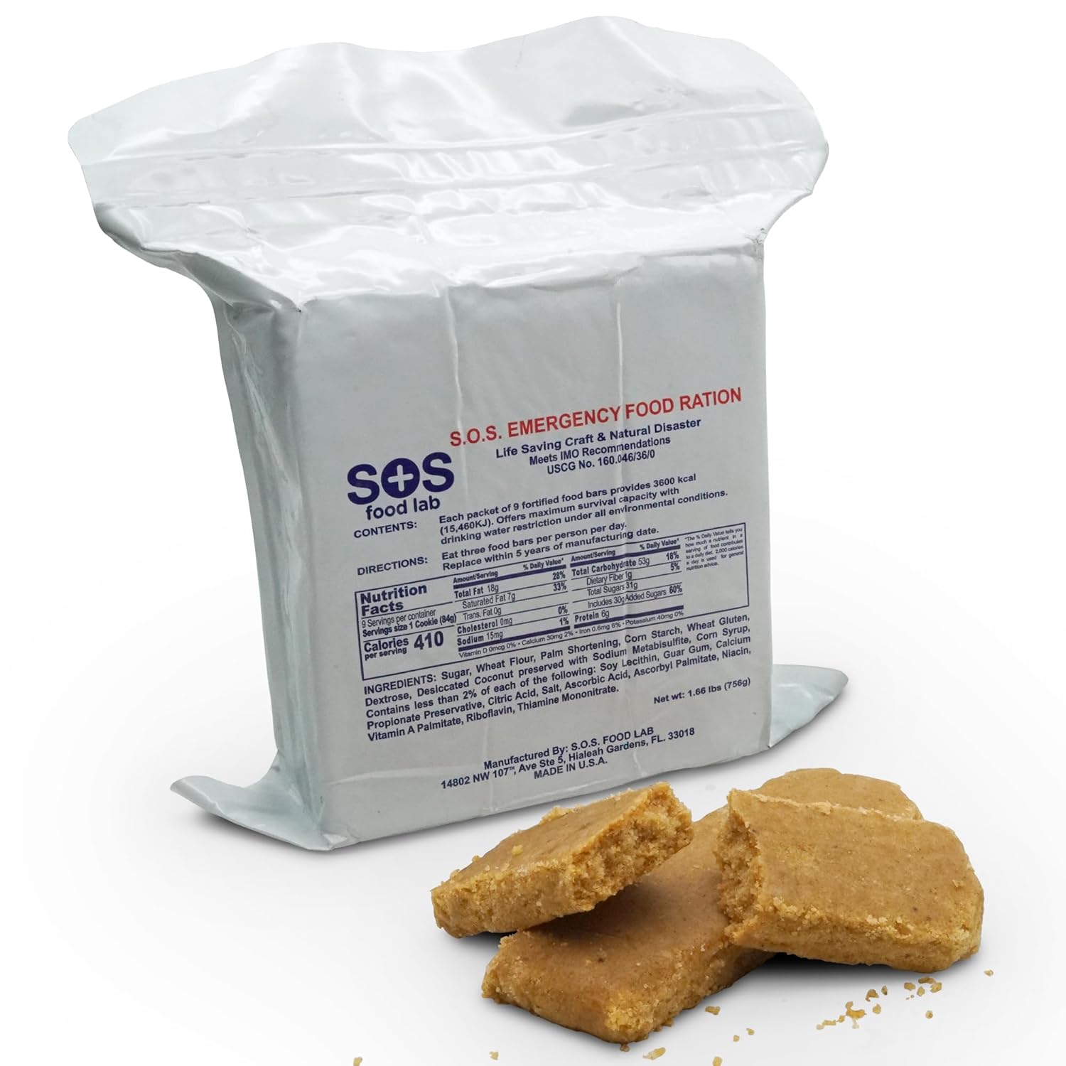 S.O.S. Rations 3600 calorie emergency food bar in its white foil pouch