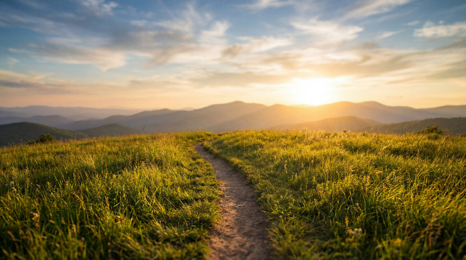 A narrow trail winding through untouched wilderness at sunset