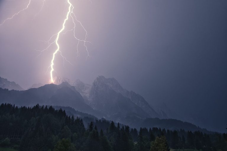Lightning strike over a mountain