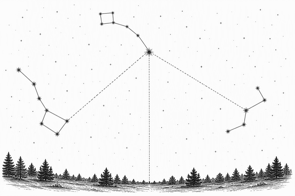 Night sky diagram showing the Big Dipper pointer stars leading to Polaris, Cassiopeia on the opposite side, and a line dropped from Polaris to the horizon marking true north