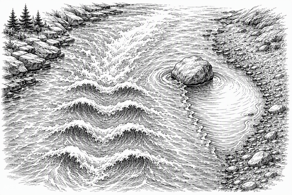 Pen and ink drawing of a river flowing toward the viewer: the main current runs down river right past a rock ledge with no exit, while a boulder at river left throws a wide eddy that runs onto a shelving gravel bar