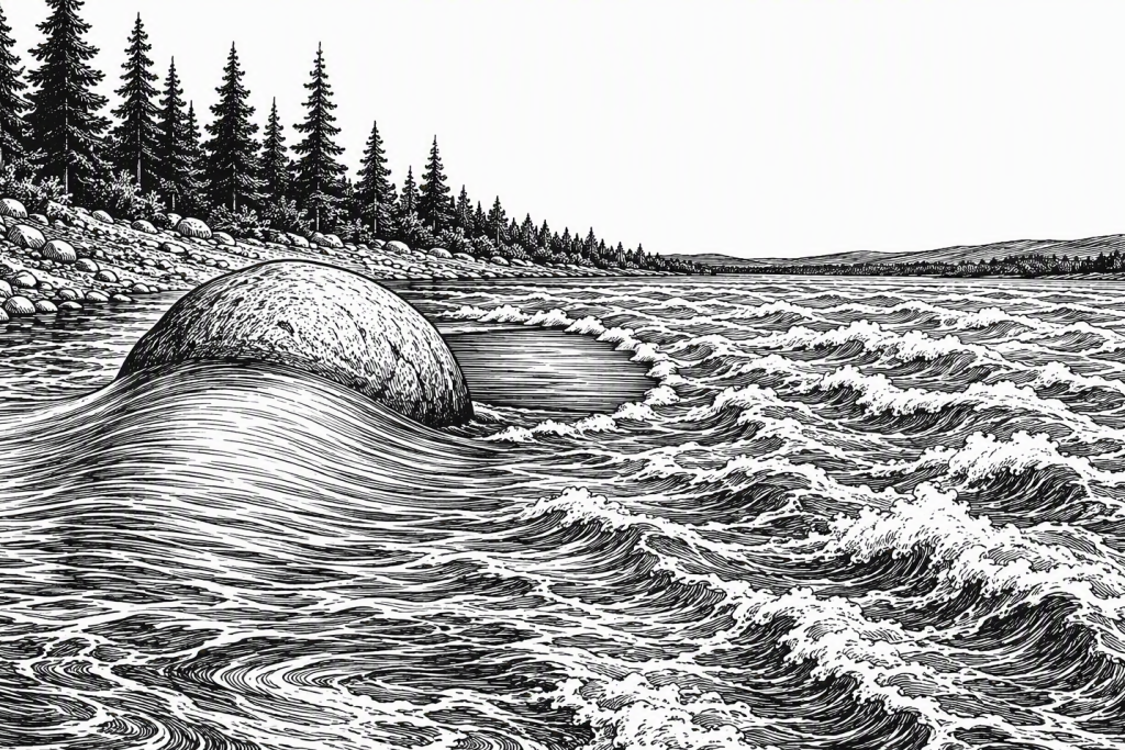 Pen and ink drawing at water level: current piles into a smooth pillow on a boulder, tears past into a train of breaking waves, and leaves flat quiet water behind the rock bounded by a ragged seam of foam
