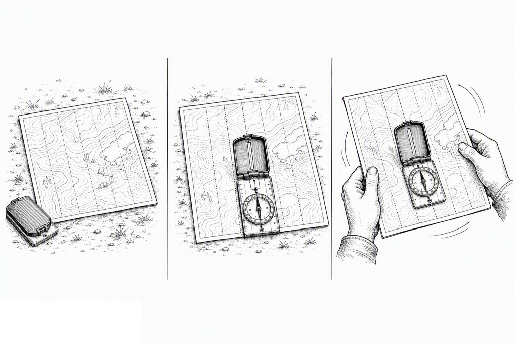 Three-step diagram of orienting a topographic map: map and compass on the ground, compass laid flat along the map’s north lines, then the map turned until the needle aligns with those lines