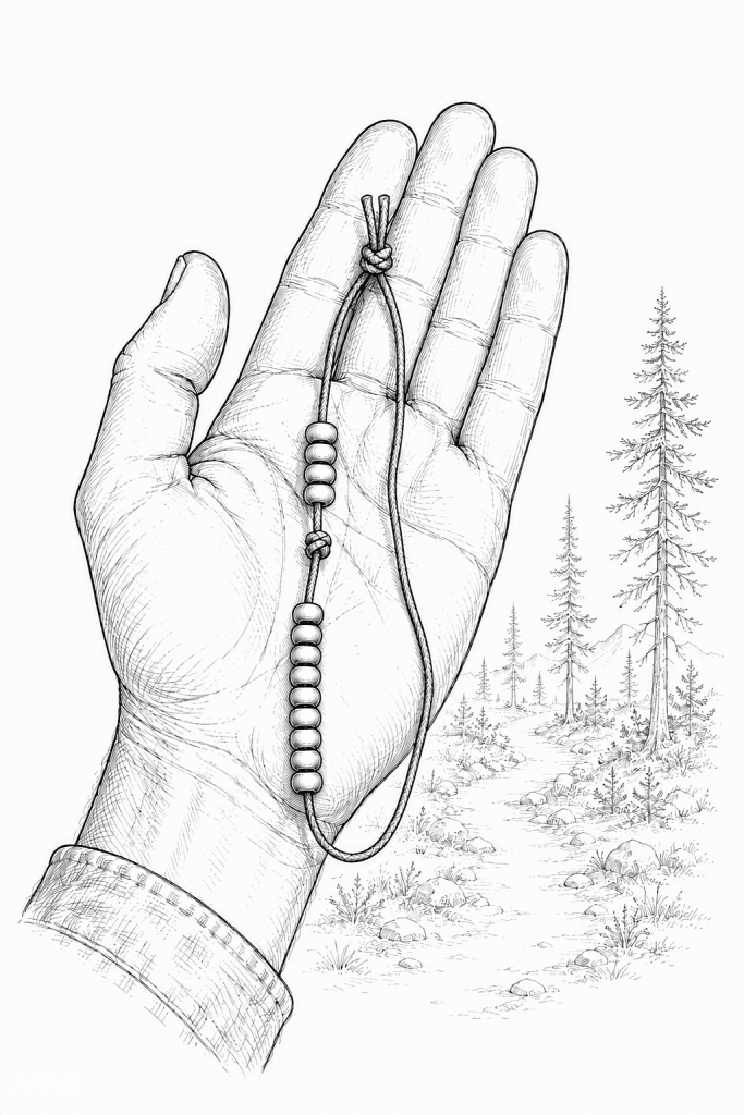 A hand holding a cord of pace counter beads: nine beads on the lower section for hundred-metre counts and four on the upper section for kilometres, with a forest trail behind
