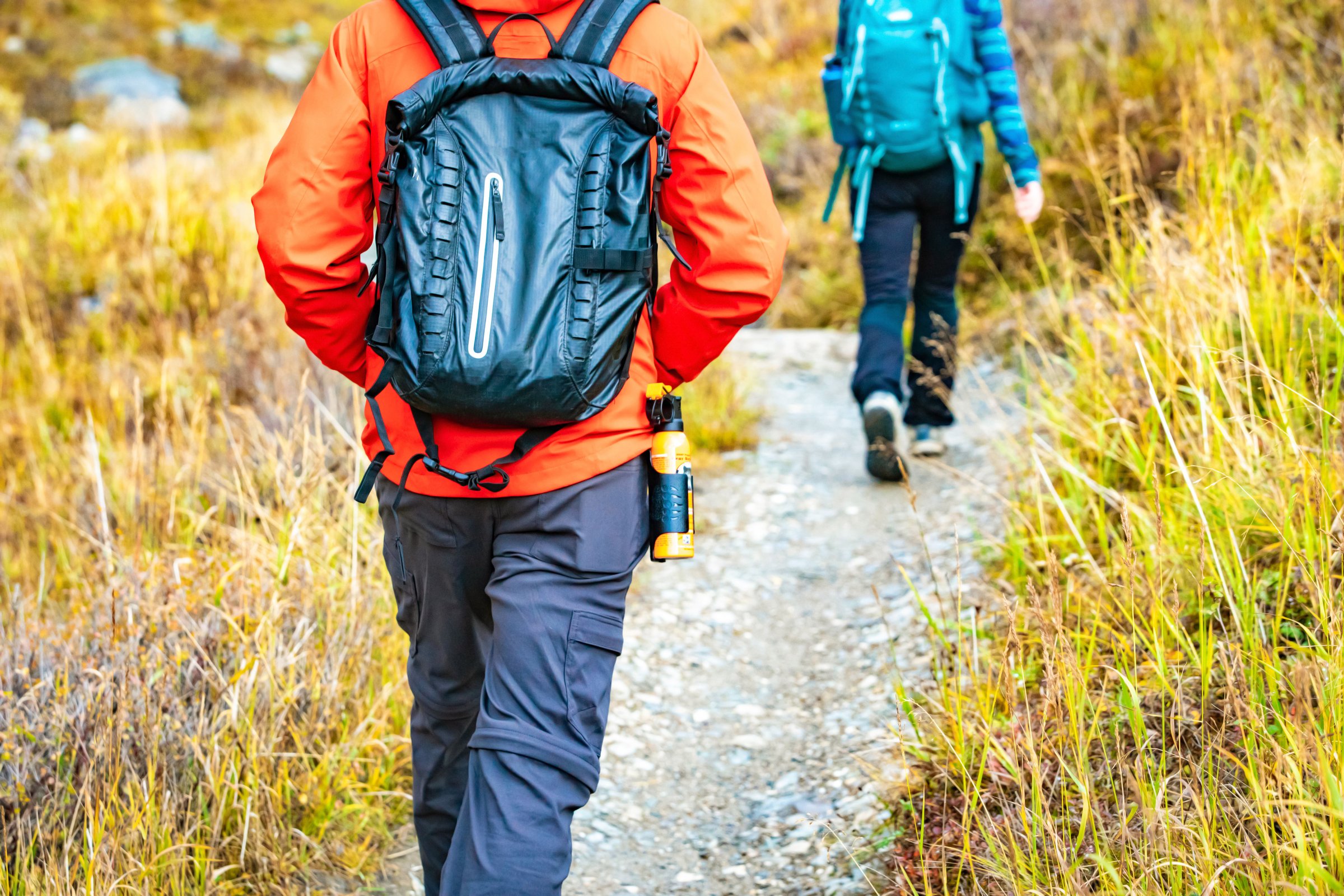 A hiker walking an autumn alpine trail with a can of bear spray in a holster on the right hip, a second hiker ahead