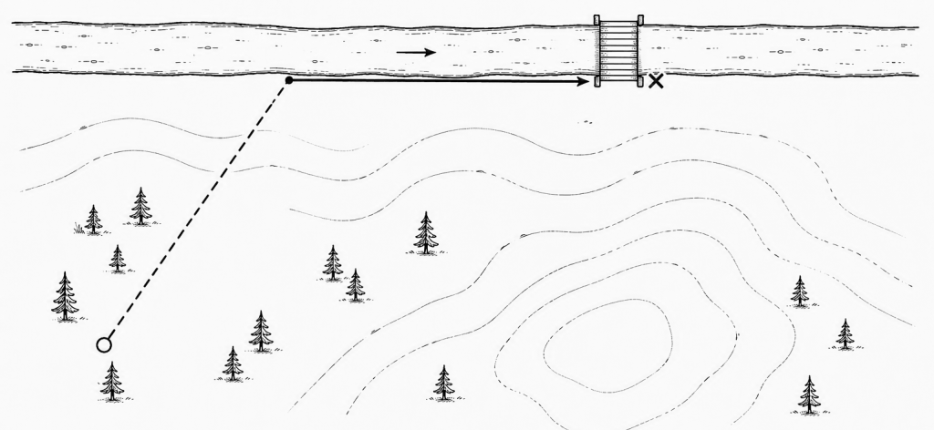 Map-style line drawing showing a bearing deliberately aimed upstream of a bridge so the river handrail leads the traveller downstream to the crossing