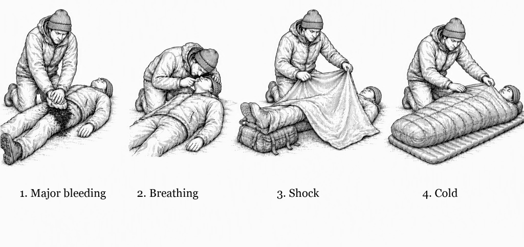 Four-scene line drawing of the wilderness first aid assessment order: full-weight pressure on a bleeding thigh, checking for breathing, insulating and elevating for shock, then wrapping the casualty against the cold