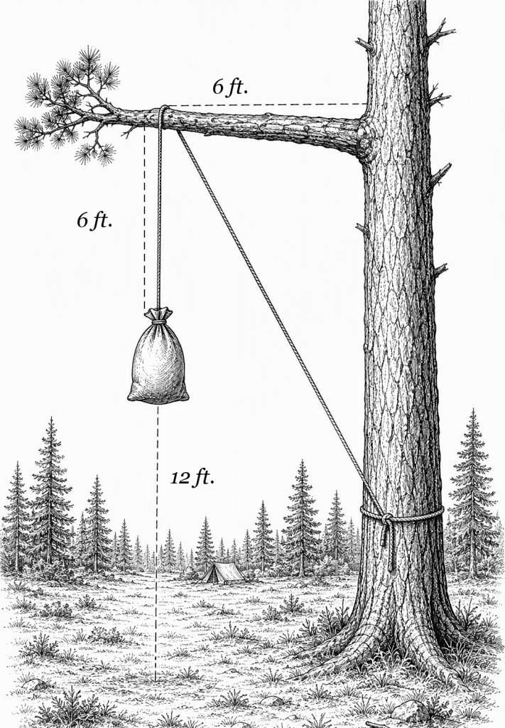 Line drawing of a food bag hung 12 feet off the ground, 6 feet below the branch and 6 feet out from the trunk, with the haul line tied off at the tree