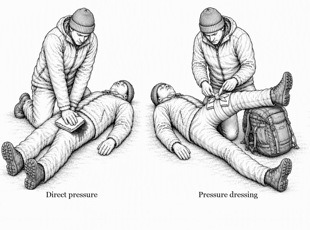 Two-scene line drawing of bleeding control: a rescuer leaning body weight through stacked hands onto a dressing on a casualty thigh wound, then tying a pressure bandage over the dressing with the leg raised on a pack