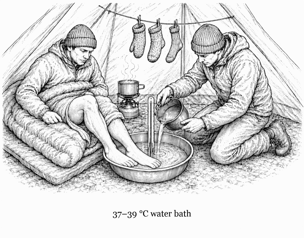 Line drawing inside a tent: a casualty wrapped in a sleeping bag with both feet in a basin of warm water, a companion pouring more warm water in at the edge, a thermometer standing in the bath, a pot heating on a stove and socks drying on a line above