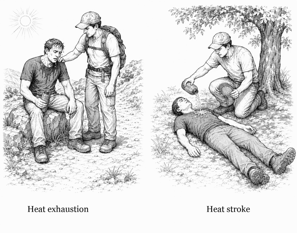 Two-scene line drawing: on the left a hiker with a sweat-soaked shirt sits on a rock in the sun while a companion steadies him, on the right a collapsed hiker lies in the shade of a tree while a companion pours water over his chest
