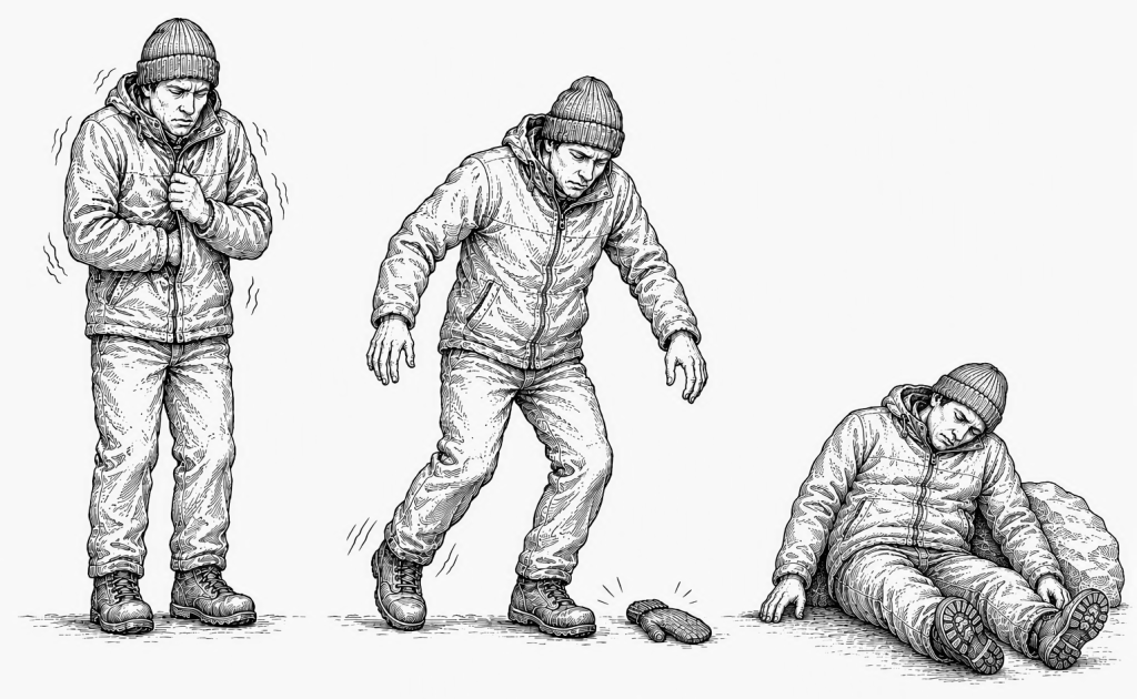 Line drawing of three figures showing hypothermia stages: shivering upright, stumbling with dropped mittens, and slumped against a rock