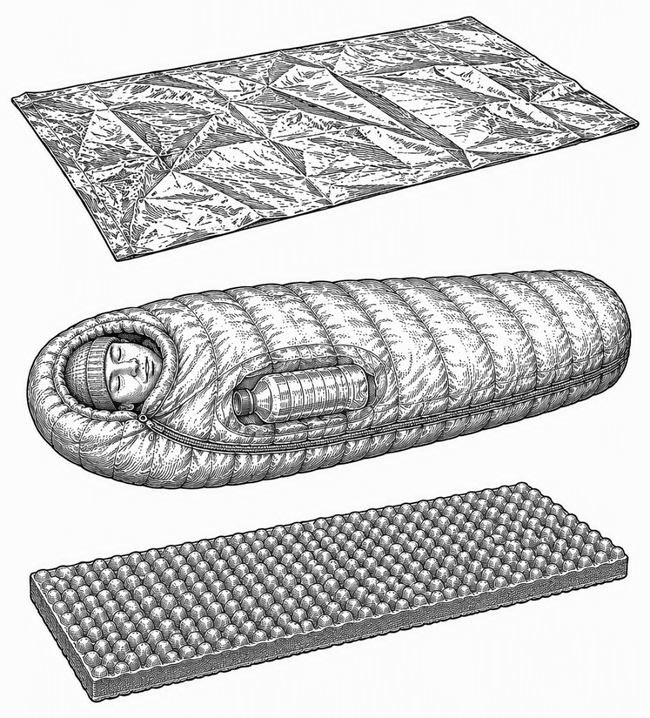 Exploded line drawing of a hypothermia wrap in three layers: a closed-cell foam pad on the ground, a sleeping bag with the casualty inside wearing a knit hat with the face left clear and a warm water bottle at the chest, and an emergency blanket laid over the top