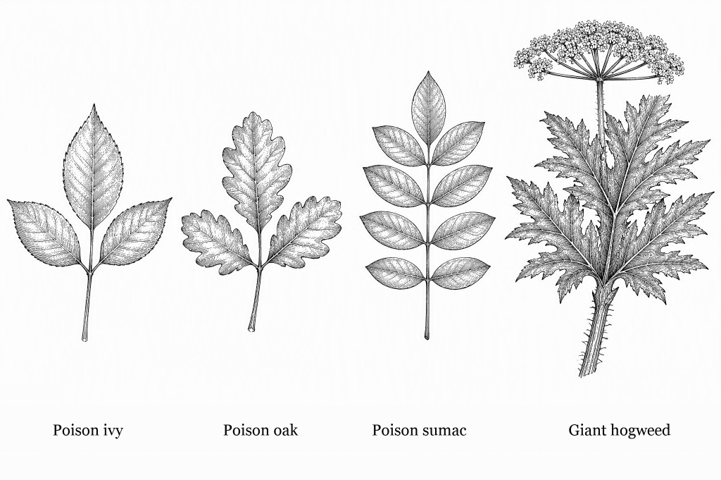 Four botanical line drawings side by side: poison ivy with three leaflets, poison oak with three lobed oak-like leaflets, poison sumac with a pinnate leaf of many paired leaflets, and giant hogweed with a deeply cut leaf, bristly stem and a broad umbrella of white flowers