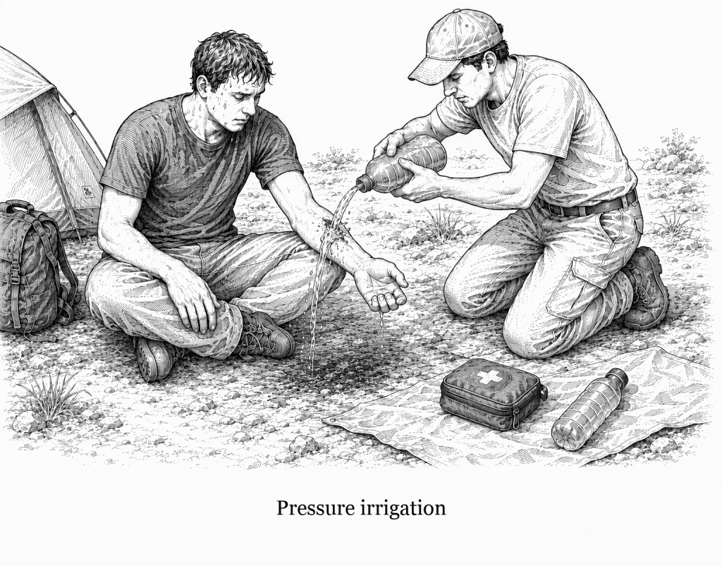 Line drawing at a campsite: a seated hiker holds out a forearm while a kneeling companion squeezes a jet of water from a drinking bottle into the wound, the runoff falling clear to the ground, with a first aid kit and a spare bottle on a groundsheet beside them
