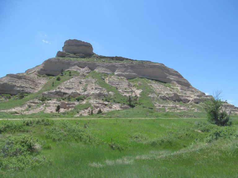 Scotts Bluff rising above green prairie, Nebraska