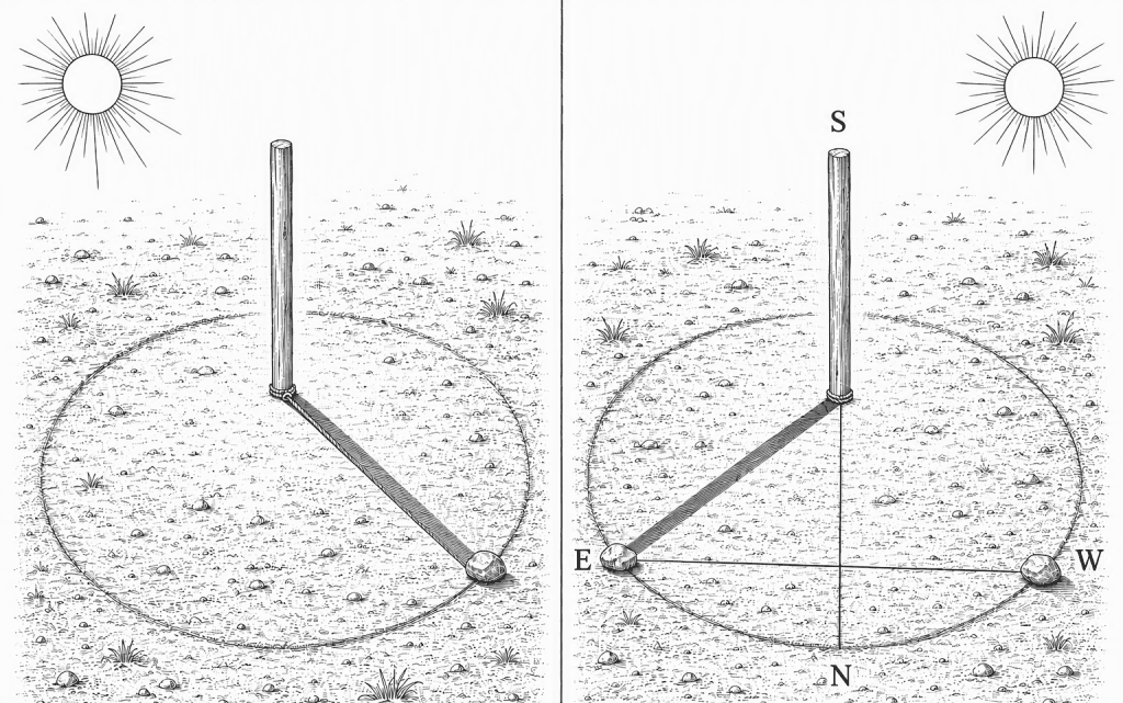 Two-scene line drawing of the shadow-stick arc method: marking the shadow tip on a scribed circle, then joining the two equal-length marks to give an east-west line