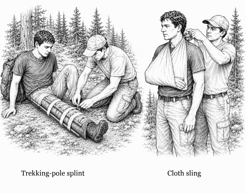 Two-scene line drawing: on the left a kneeling companion lashes trekking poles either side of a seated hiker's lower leg, on the right a companion ties a cloth sling behind the neck of a standing hiker whose forearm rests across his chest
