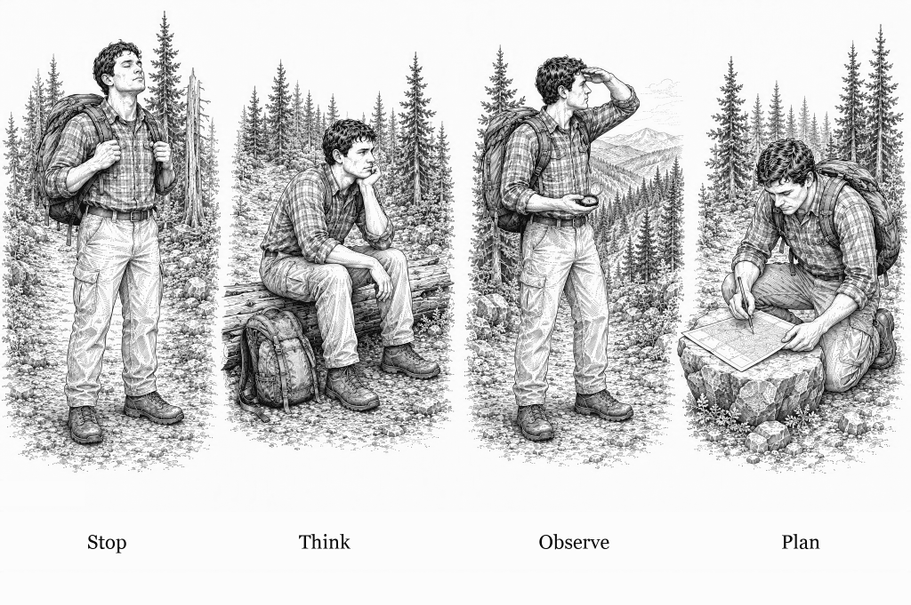 Four-scene line drawing of a hiker working through the STOP method: standing still with hands on the pack straps, sitting on a log with the pack off thinking, shading his eyes to read the terrain with a compass in hand, then kneeling to mark a map spread on a boulder