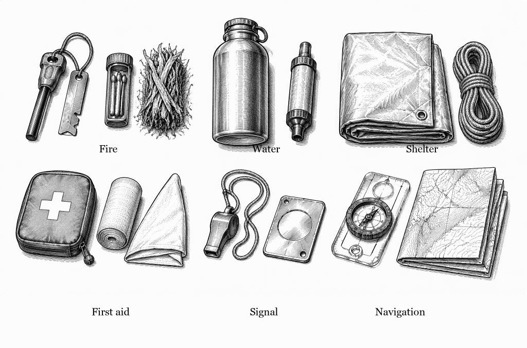 Line drawing flat-lay of survival kit items in six labelled groups: fire with a ferro rod, striker, match case and tinder bundle; water with a bottle and squeeze filter; shelter with a folded tarp and coiled cord; first aid with a zipped kit, roller bandage and triangular bandage; signal with a whistle and mirror; navigation with a baseplate compass and folded topographic map