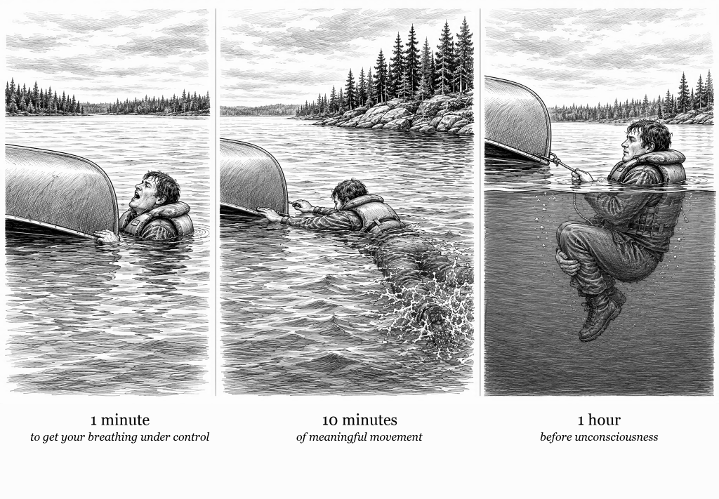 Three-scene line drawing of the 1-10-1 cold-water timeline: a capsized paddler in a life jacket gasping with one hand on the overturned canoe, then kicking hard to push the canoe toward a nearby shore, then floating still beside it with his knees drawn up to his chest, shown above and below the waterline