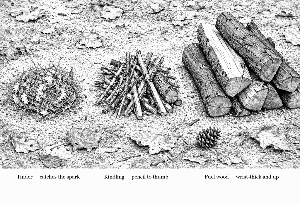 Line drawing of three piles of fire fuel laid out on leaf-strewn ground: a loose nest of dry grass and curled birch bark labelled tinder, a stack of thin sticks labelled kindling, and a pile of round and split logs labelled fuel wood