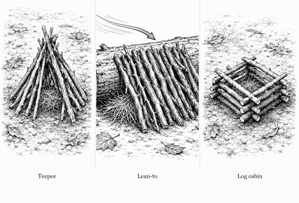 Three-scene line drawing of fire lays ready to light: a teepee of sticks leaning together over a tinder nest, a lean-to of kindling propped side by side against a large log with the tinder underneath and a wind arrow coming over the log from behind, and a log cabin of sticks stacked in a hollow square around the tinder