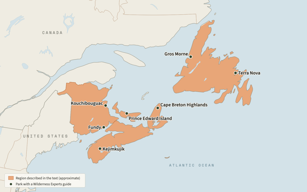 Map of Atlantic Canada with Nova Scotia, New Brunswick, Prince Edward Island and the island of Newfoundland shaded, and seven parks marked: Kouchibouguac, Prince Edward Island, Fundy, Kejimkujik, Cape Breton Highlands, Gros Morne and Terra Nova
