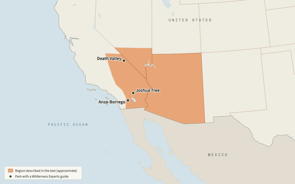 Map of the southwestern United States with Arizona, the southern tip of Nevada and the desert of southeastern California shaded, and three parks marked: Death Valley, Joshua Tree and Anza-Borrego