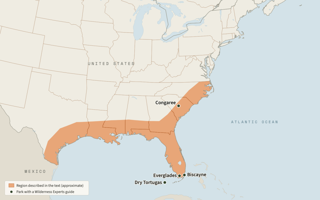 Map of the southeastern United States with a band along the coast shaded from Texas around Florida to North Carolina, and four parks marked: Everglades, Biscayne, Dry Tortugas and Congaree