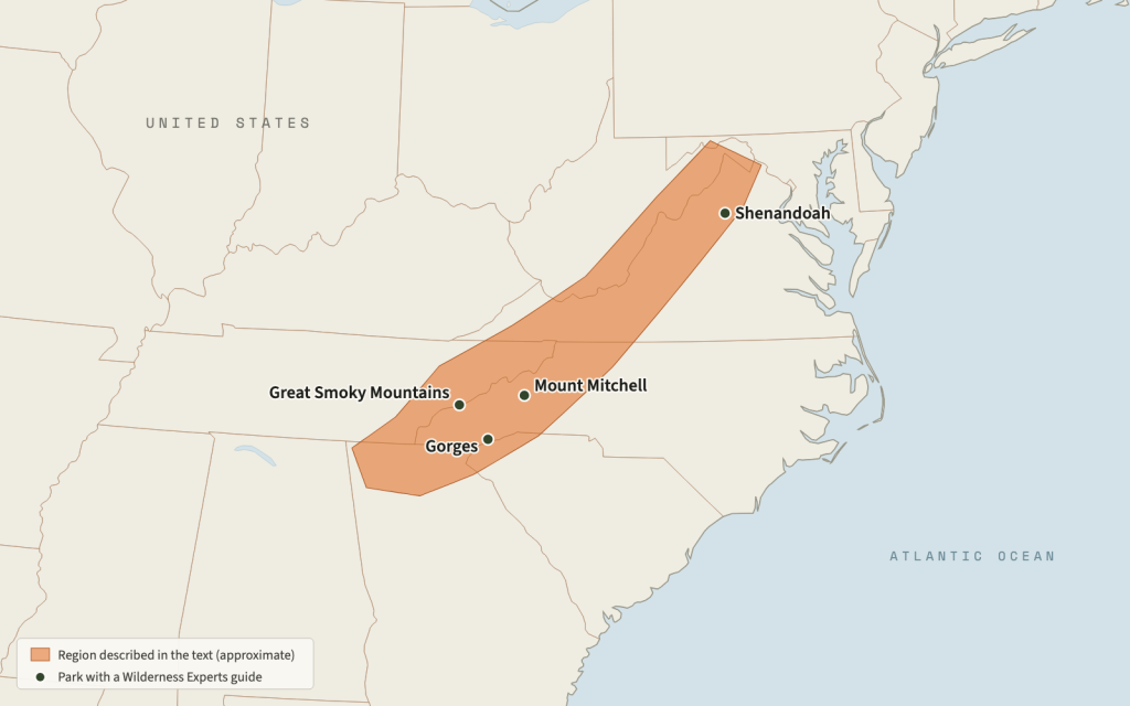 Map of the eastern United States with the southern Appalachians shaded from north Georgia to northern Virginia, and four parks marked: Great Smoky Mountains, Mount Mitchell, Gorges and Shenandoah