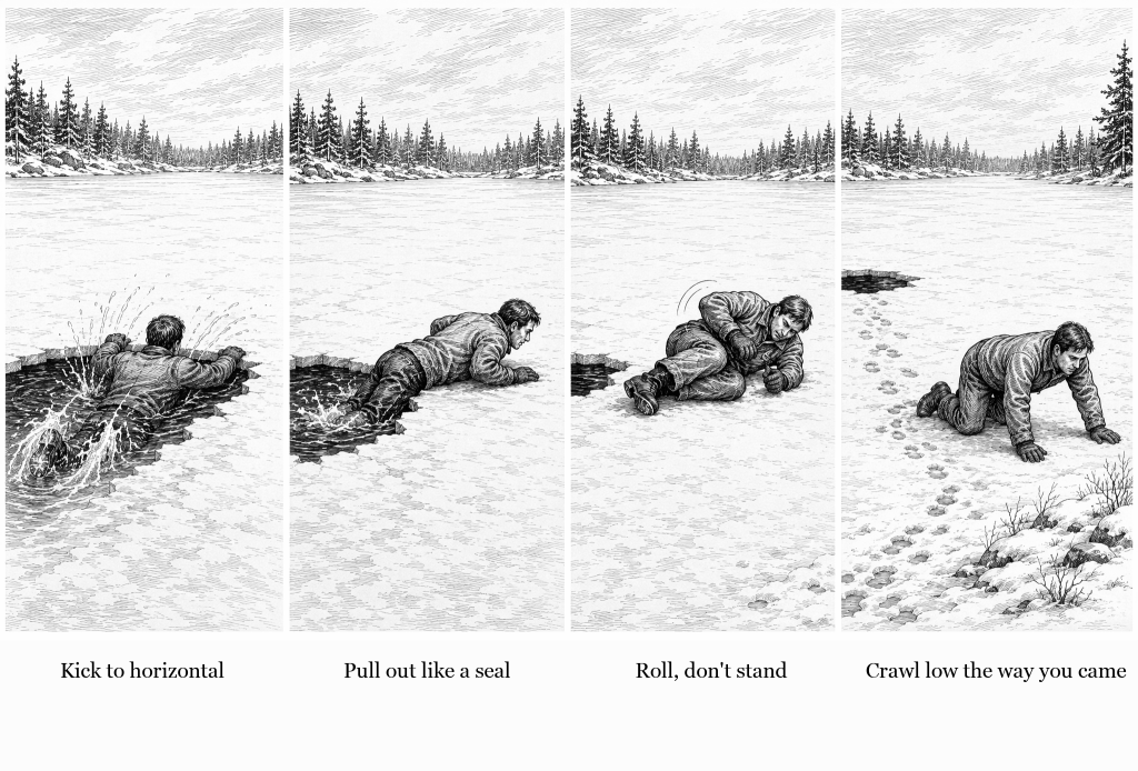 Four-scene line drawing of ice self-rescue: a man in the hole with his arms flat on the ice kicking his legs up to the surface, sliding out on his stomach with his legs still in the water, rolling on his side away from the hole, then crawling on hands and knees back along his own footprints toward shore