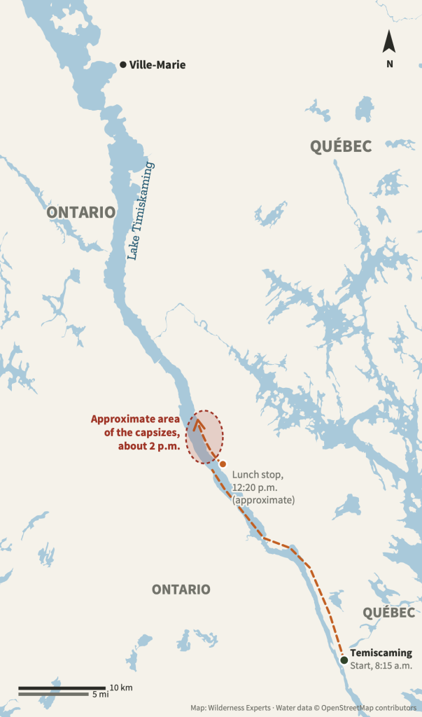 Map of the southern half of Lake Timiskaming on the Ontario–Quebec border, showing the route north from Temiscaming, the approximate lunch stop on the Quebec shore and, a little to the north, the approximate area where the four canoes capsized while crossing toward the Ontario shore