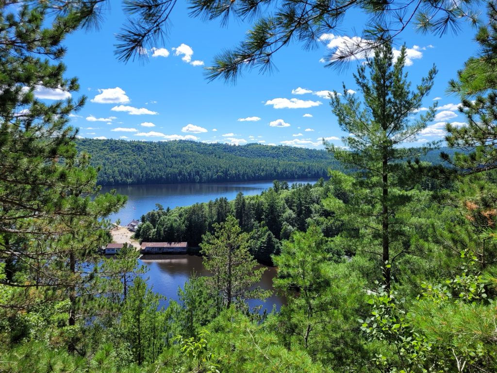 Lake Timiskaming seen through pines from a hillside at Pointe Opémican, with old wooden buildings on the point below and a steep forested shore across the water