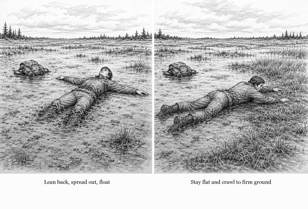 Two-scene line drawing of escaping soft ground: on the left a hiker floats on his back in open bog mud with his arms and legs spread wide and his pack floating beside him, on the right he lies face down pulling himself onto a grassy patch at the edge of the mud