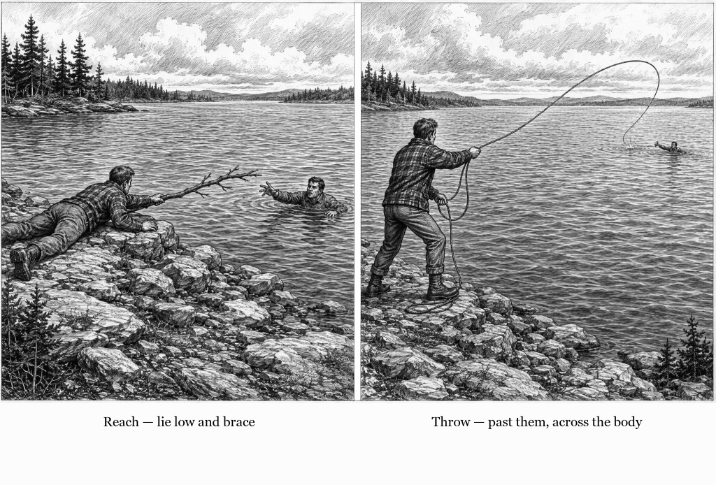 Two-scene line drawing of a rescue from shore: on the left a man lies flat on lakeside rocks holding a long branch out to a swimmer a body length away, on the right he stands braced on the rocks throwing a coiled line toward a swimmer much farther out