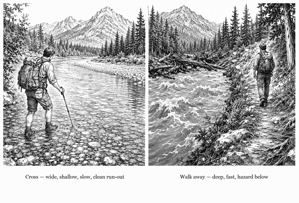 Two-scene line drawing: on the left a hiker stands ankle-deep at the edge of a wide, shallow, clear river over gravel, probing ahead with a trekking pole, on the right a hiker walks away along the bank from a narrow channel of fast white water with a logjam across it