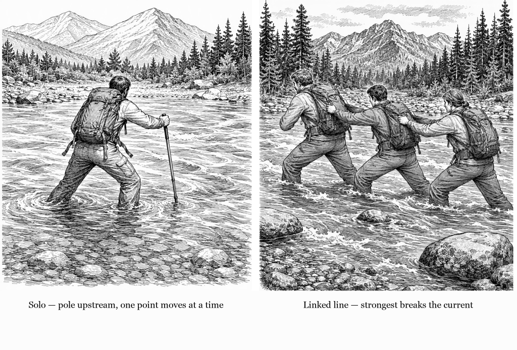 Two-scene line drawing of river crossing technique: on the left a lone hiker stands in shin-deep current in a wide stance, leaning on a trekking pole planted upstream, on the right three hikers cross in a line, each gripping the pack shoulder straps of the person upstream, with the largest hiker at the upstream end