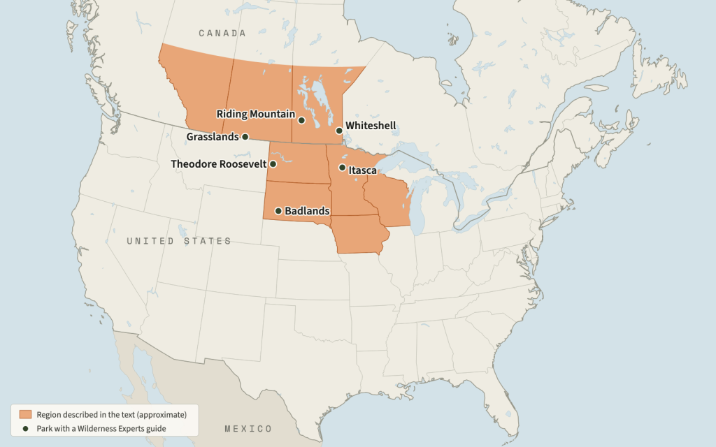 Map of the United States and southern Canada with North Dakota, South Dakota, Minnesota, Iowa, Wisconsin and the southern parts of Alberta, Saskatchewan and Manitoba shaded, and six parks marked: Badlands, Theodore Roosevelt, Grasslands, Riding Mountain, Whiteshell and Itasca