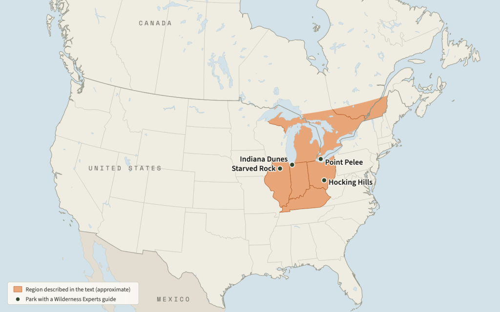 Map of the United States and southern Canada with Illinois, Indiana, Ohio, Kentucky, Michigan and southern Ontario and Quebec shaded, and four parks marked: Starved Rock, Indiana Dunes, Hocking Hills and Point Pelee