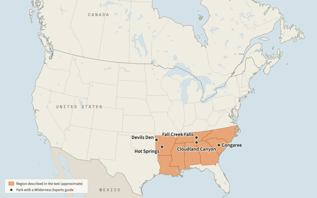 Map of the United States and southern Canada with Arkansas, Louisiana, Mississippi, Alabama, Tennessee, Georgia, South Carolina and North Carolina shaded, and five parks marked: Devils Den, Hot Springs, Fall Creek Falls, Cloudland Canyon and Congaree