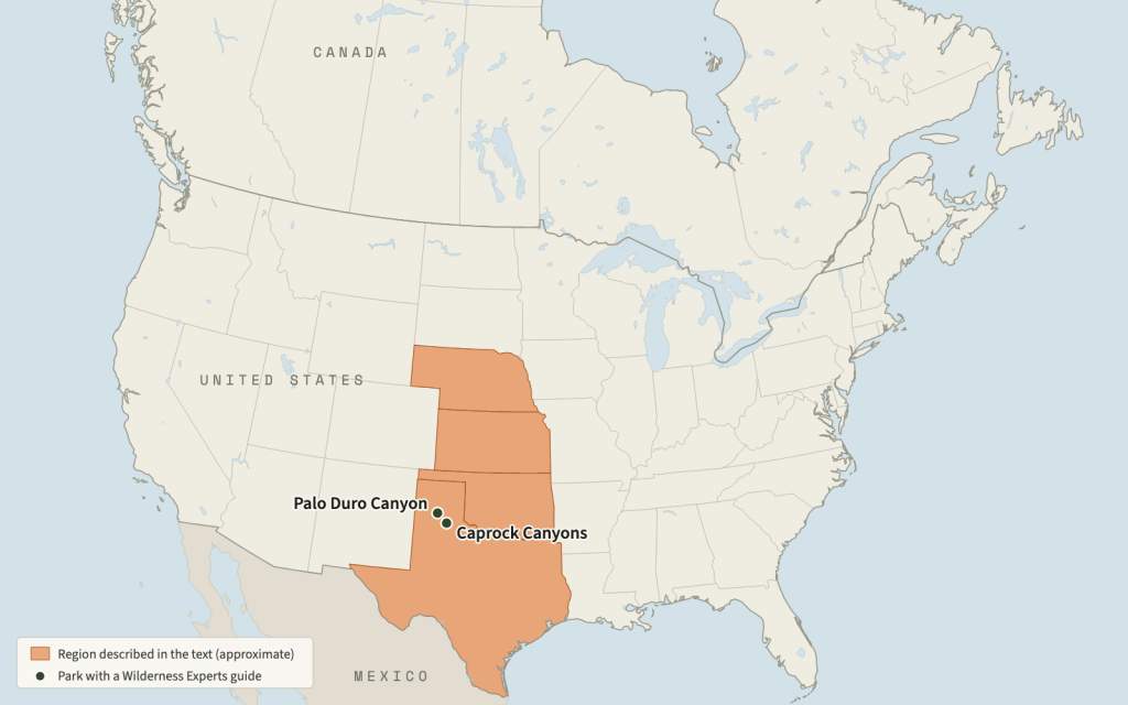 Map of the United States and southern Canada with Texas, Oklahoma, Kansas and Nebraska shaded, and Palo Duro Canyon and Caprock Canyons state parks marked in the Texas Panhandle