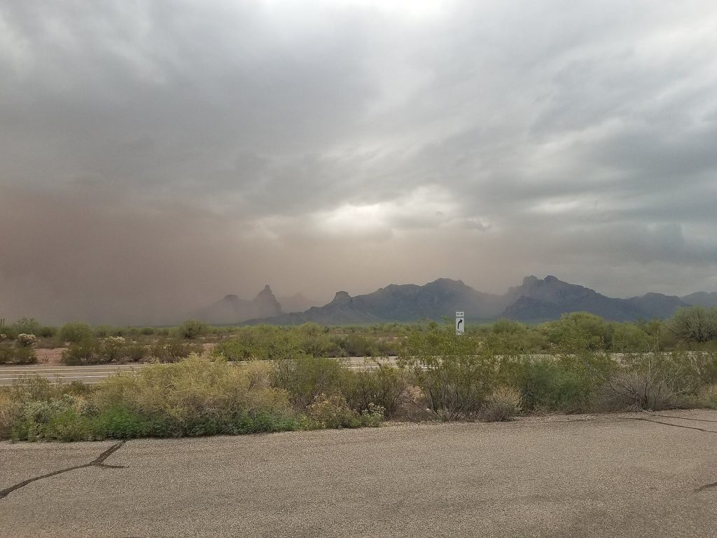 A wall of brown dust under dark storm cloud closing in on a jagged desert mountain range, with green desert scrub in the foreground